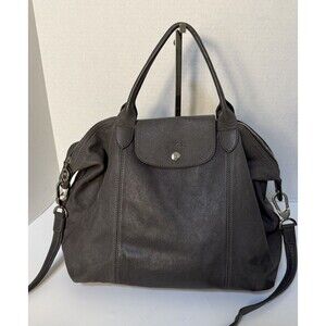 Longchamp Leather Le Pliage Cuir Medium Satchel Shoulder Bag Gray